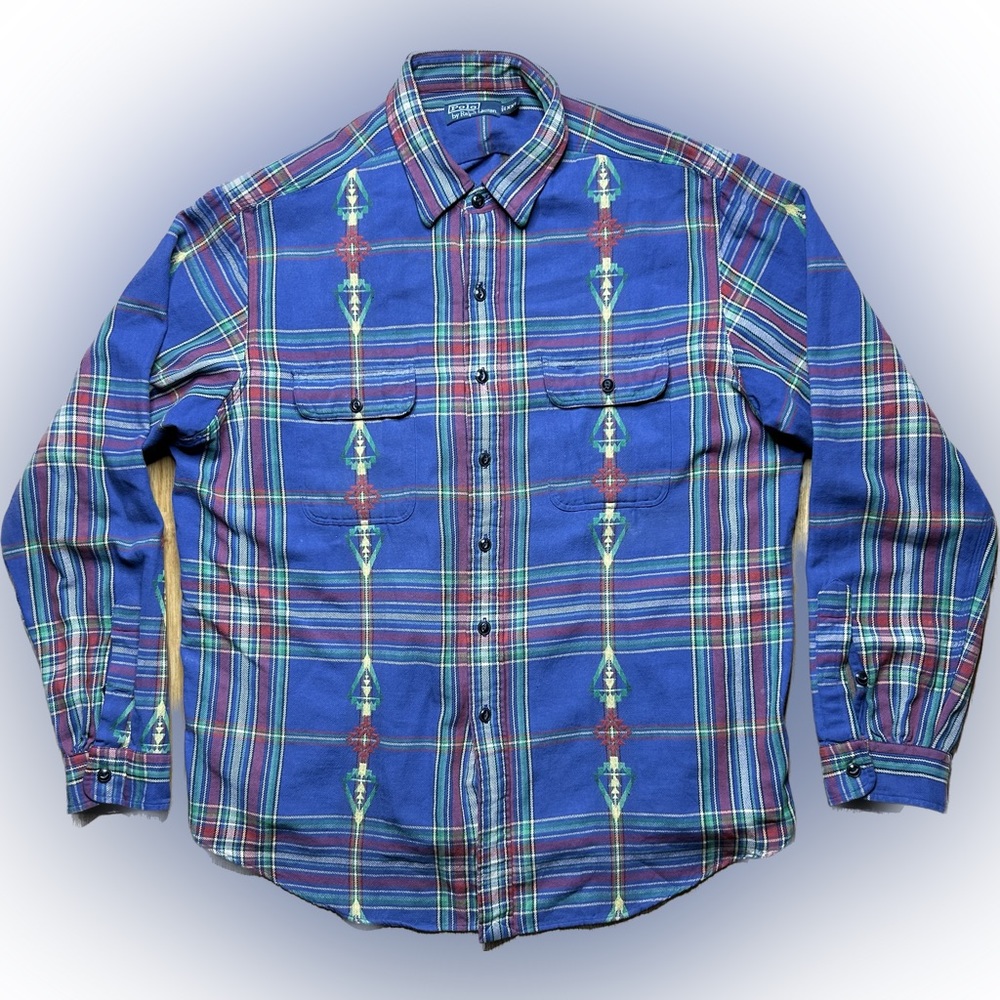 Vintage Polo Ralph Lauren blue plaid check aztec flannel long sleeve shirt XXL